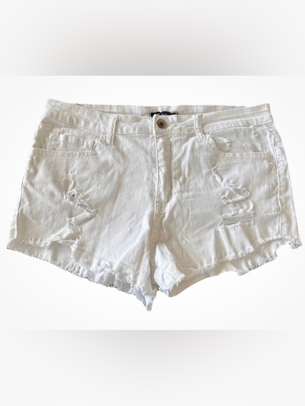 Klique B White Ripped Shorts Distressed 5 Pocket Women’s Denim Fringe SZ LARGE